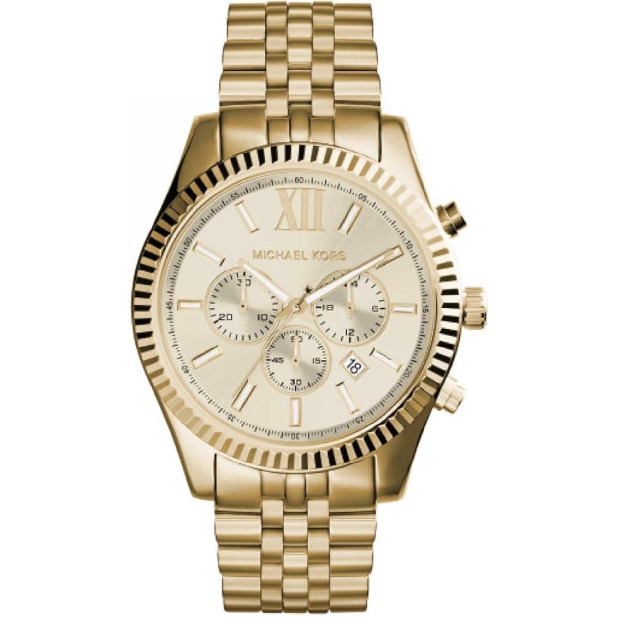 Michael Kors Lexington MK8281 men’s watch with gold-tone dial, chronograph subdials, fluted bezel and gold-tone stainless steel bracelet.