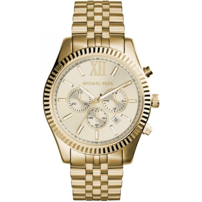 Michael Kors Lexington MK8281 men’s watch with gold-tone dial, chronograph subdials, fluted bezel and gold-tone stainless steel bracelet.