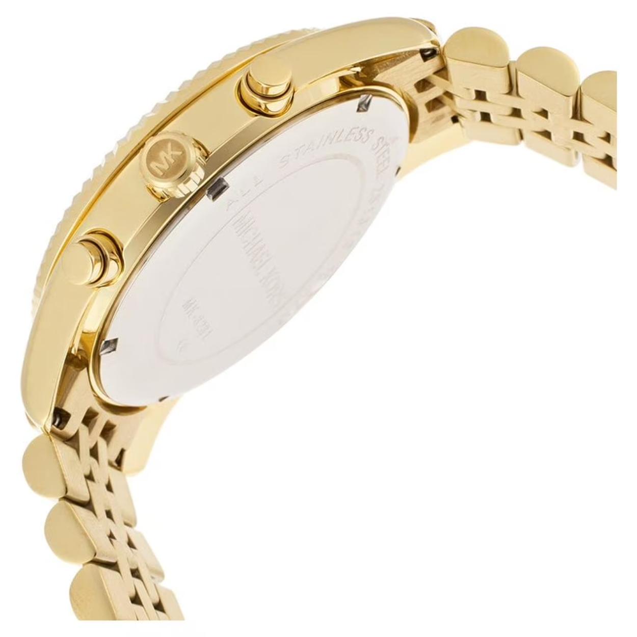 Michael Kors Lexington MK8281 gold-tone chronograph watch with side caseback view, engraved crown, pushers and stainless steel rear cover.