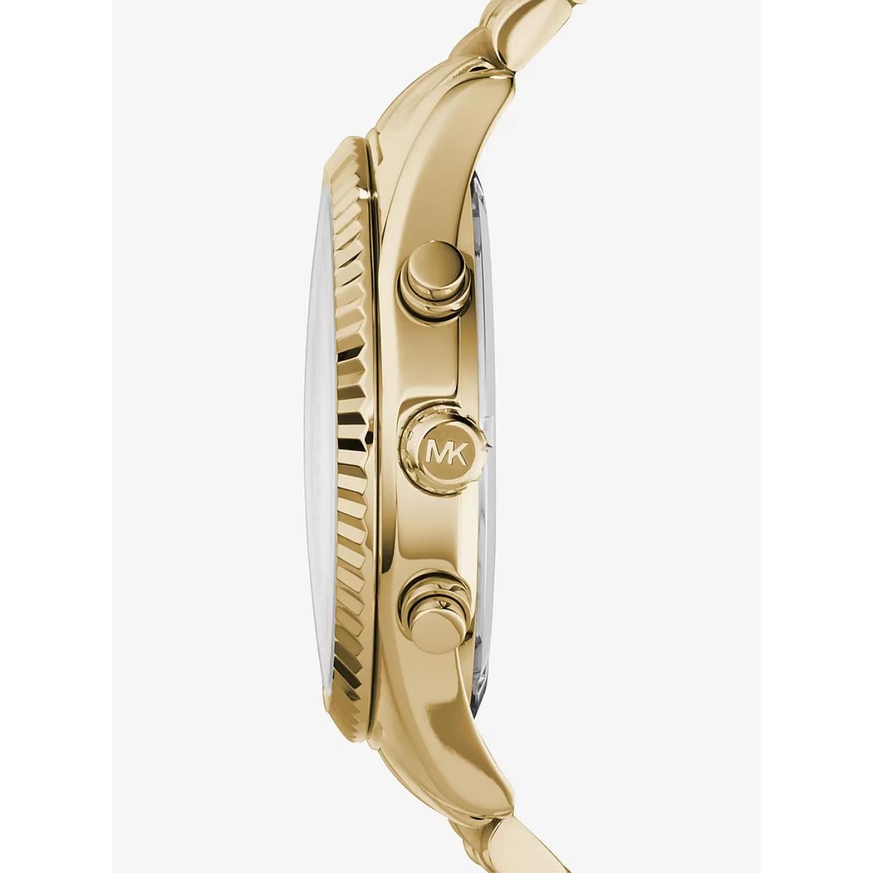 Michael Kors Lexington MK8281 gold-tone chronograph watch with side profile view, fluted bezel, engraved crown and polished pushers.