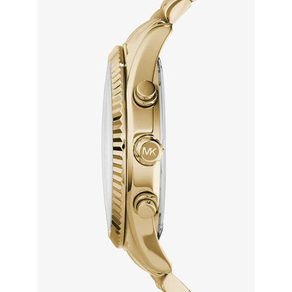 Michael Kors Lexington MK8281 gold-tone chronograph watch with side profile view, fluted bezel, engraved crown and polished pushers.