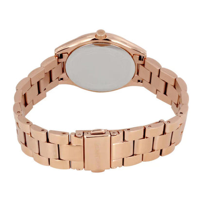 Michael Kors Mini Slim Runway MK3513 with stainless steel caseback, rose gold-tone link bracelet and fold-over clasp with engraved logo.