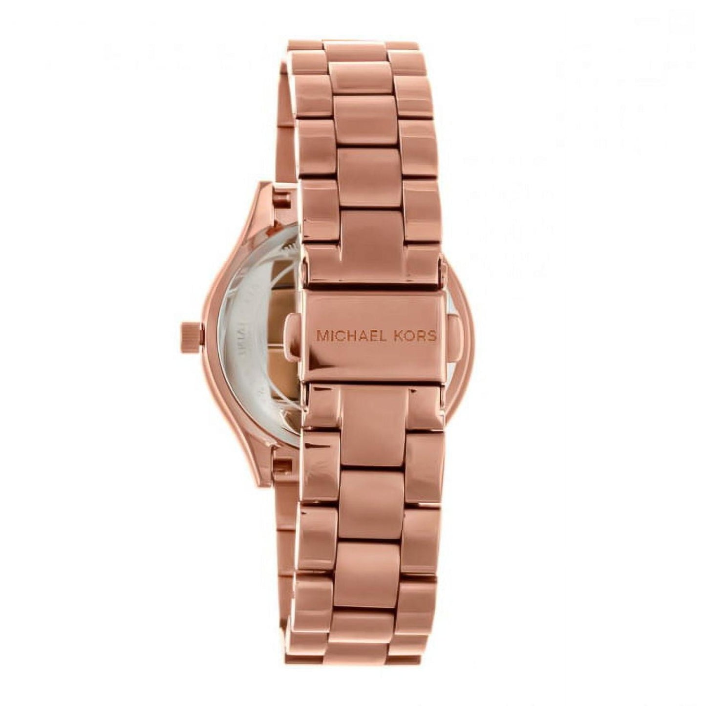 Michael Kors Mini Slim Runway MK3513 with rose gold-tone stainless steel bracelet, engraved clasp and rear case view with polished finish.