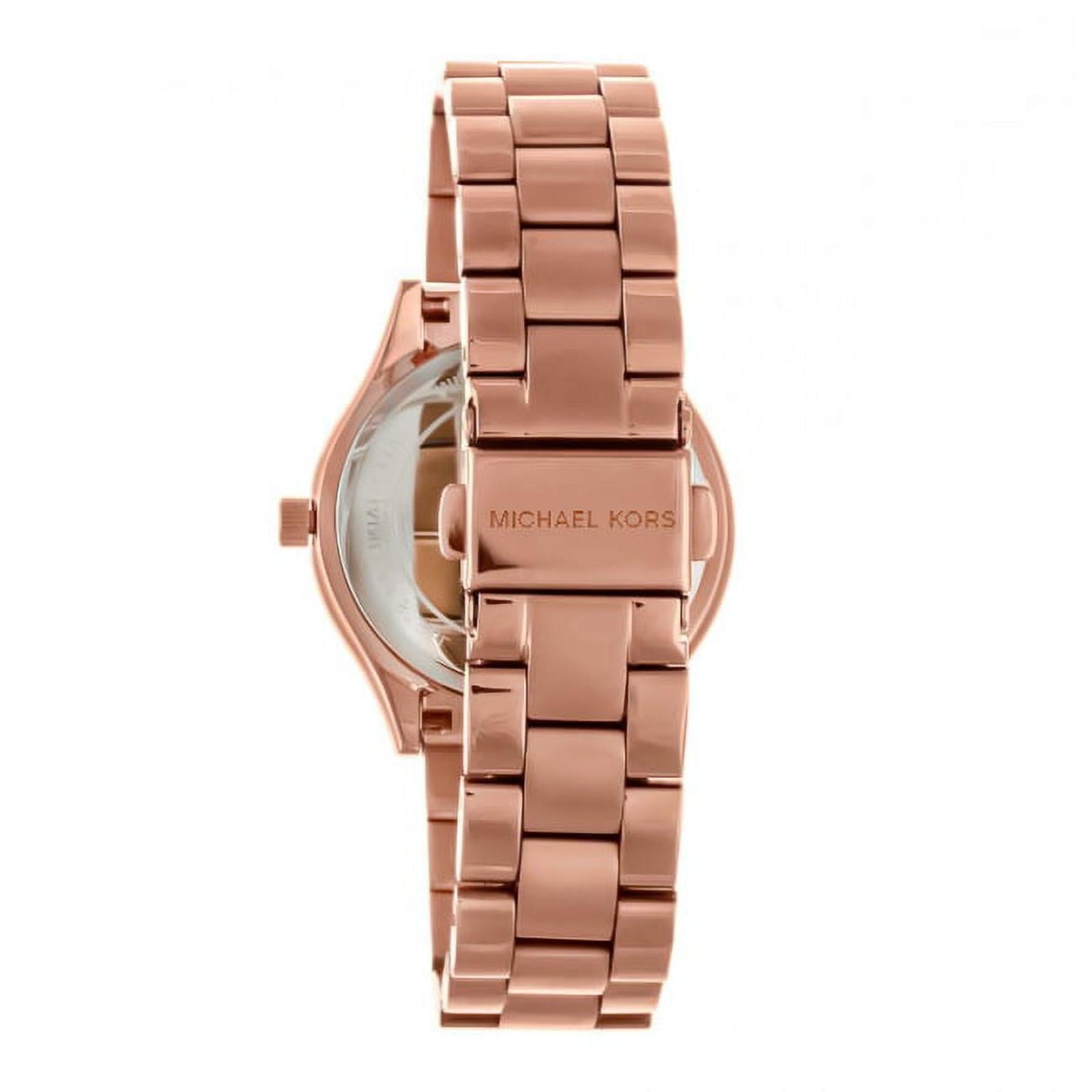 Michael Kors Mini Slim Runway MK3513 with rose gold-tone stainless steel bracelet, engraved clasp and rear case view with polished finish.