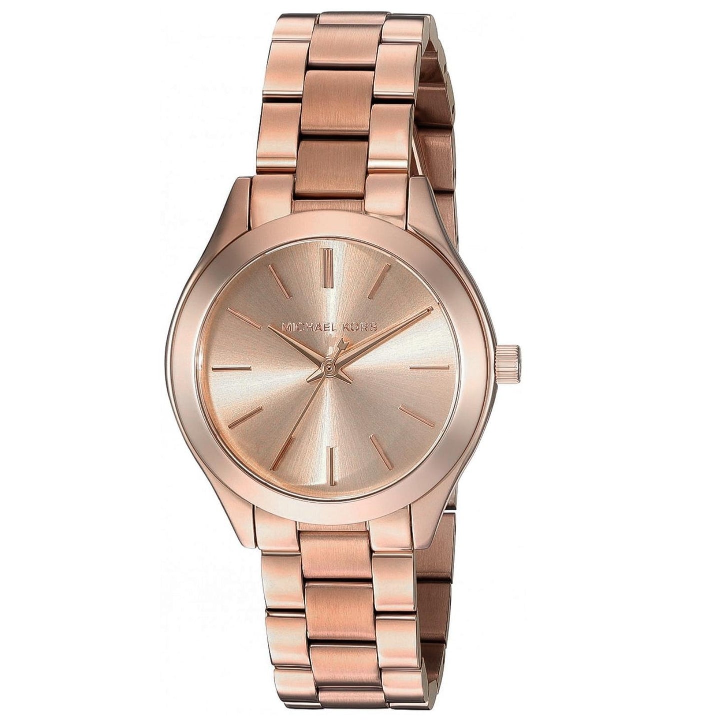 Michael Kors Mini Slim Runway MK3513 women’s watch with rose gold-tone sunray dial, minimalist hour markers and rose gold-tone stainless steel bracelet.