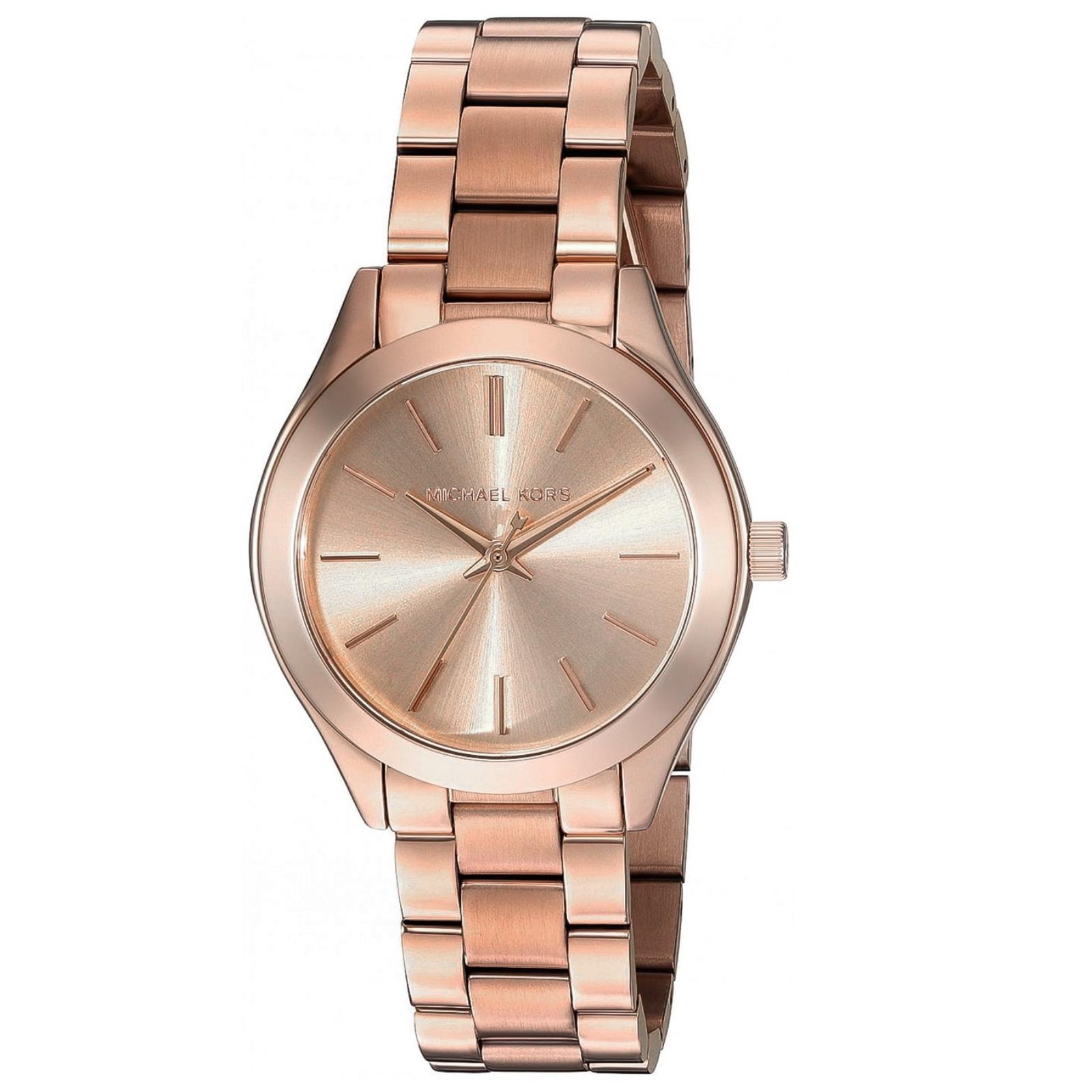 Michael Kors Mini Slim Runway MK3513 women’s watch with rose gold-tone sunray dial, minimalist hour markers and rose gold-tone stainless steel bracelet.