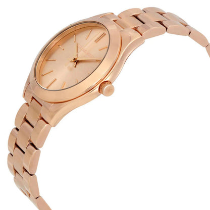 Michael Kors Mini Slim Runway MK3513 with slim rose gold-tone stainless steel case, minimalist dial and polished link bracelet shown in side profile.