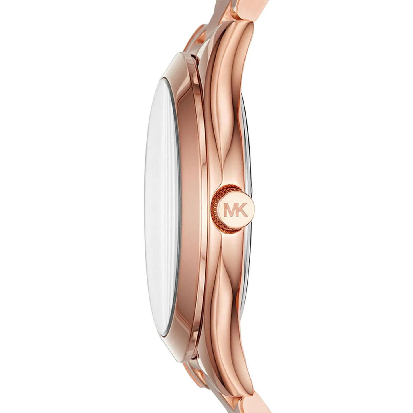 Michael Kors Mini Slim Runway MK3513 with slim rose gold-tone stainless steel case, engraved crown and polished side profile design.