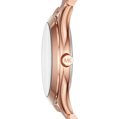 Michael Kors Mini Slim Runway MK3513 with slim rose gold-tone stainless steel case, engraved crown and polished side profile design.