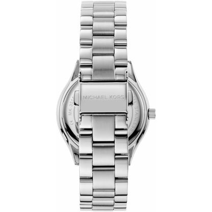 Michael Kors Mini Slim Runway MK3514 vista trasera, brazalete de acero y cierre grabado de la marca.