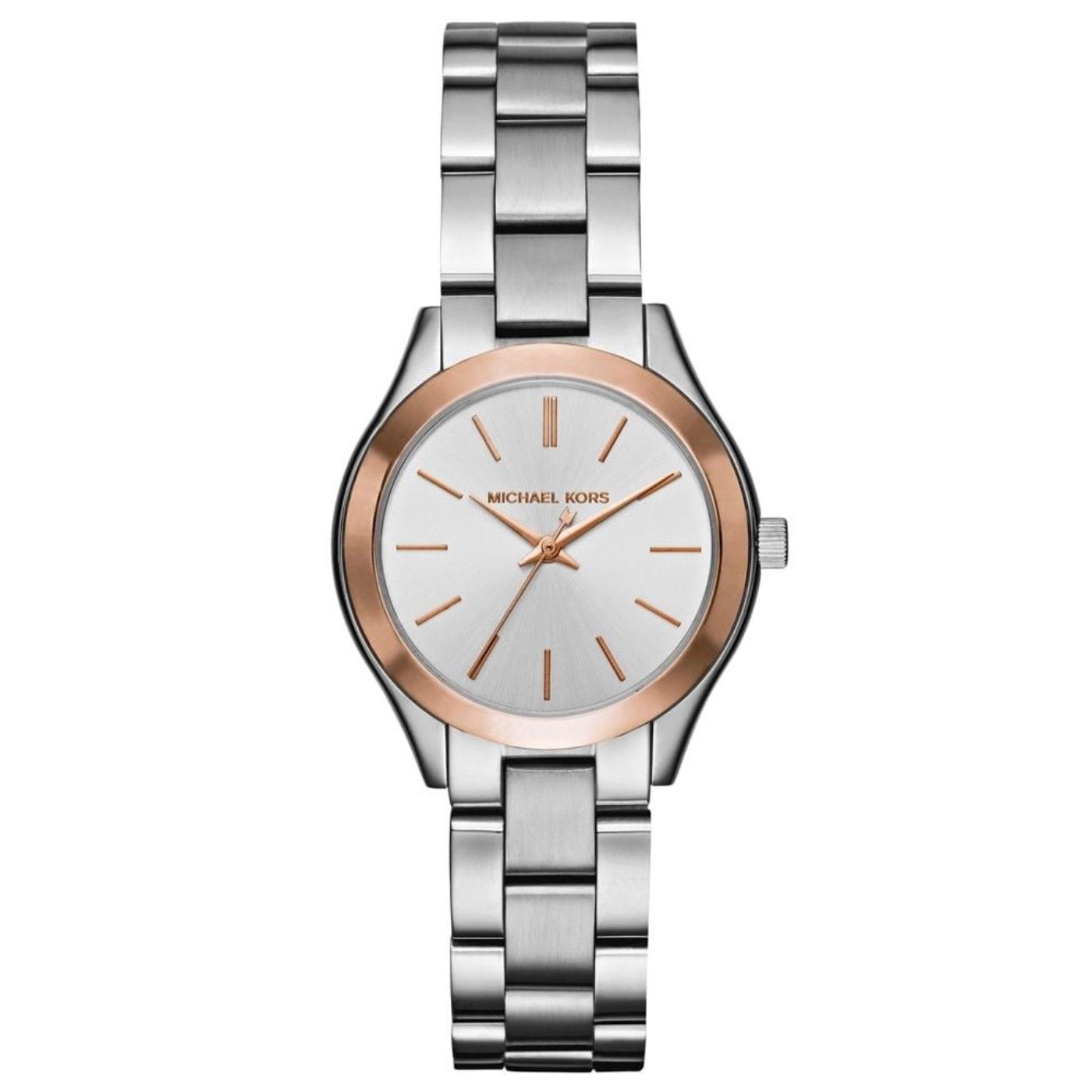 Reloj Michael Kors Mini Slim Runway MK3514 de mujer con brazalete de acero inoxidable y bisel en tono rosé gold, vista frontal de la esfera plateada.