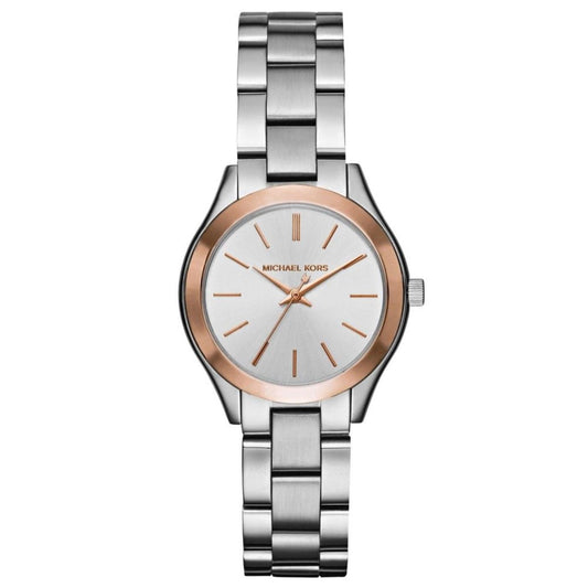 Reloj Michael Kors Mini Slim Runway MK3514 de mujer con brazalete de acero inoxidable y bisel en tono rosé gold, vista frontal de la esfera plateada.