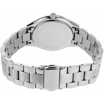 Vista trasera del reloj Michael Kors Mini Slim Runway MK3514 con brazalete de acero inoxidable y cierre desplegable, mostrando la tapa posterior de la caja.