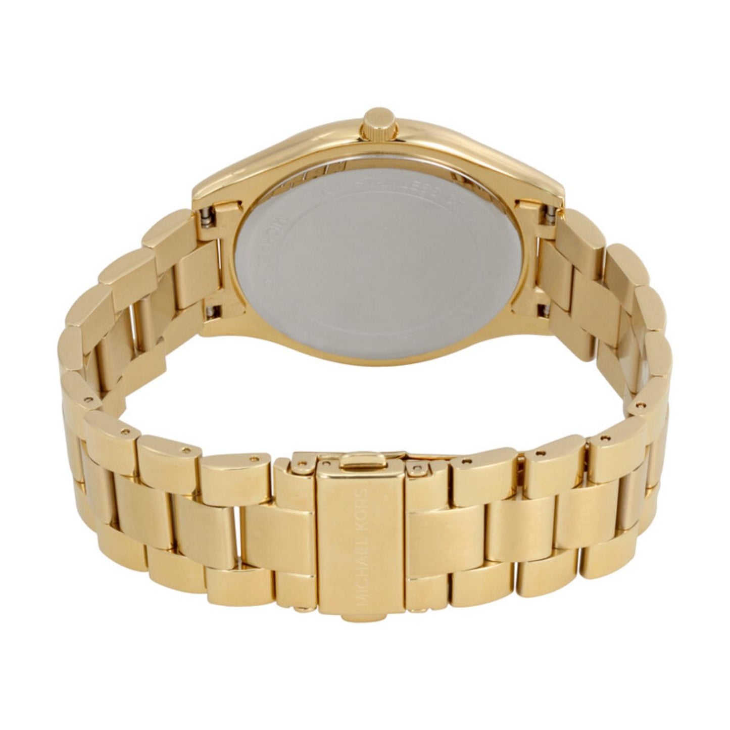 Michael Kors MK3179 Slim Runway with stainless steel caseback, gold-tone link bracelet and fold-over clasp with engraved logo.