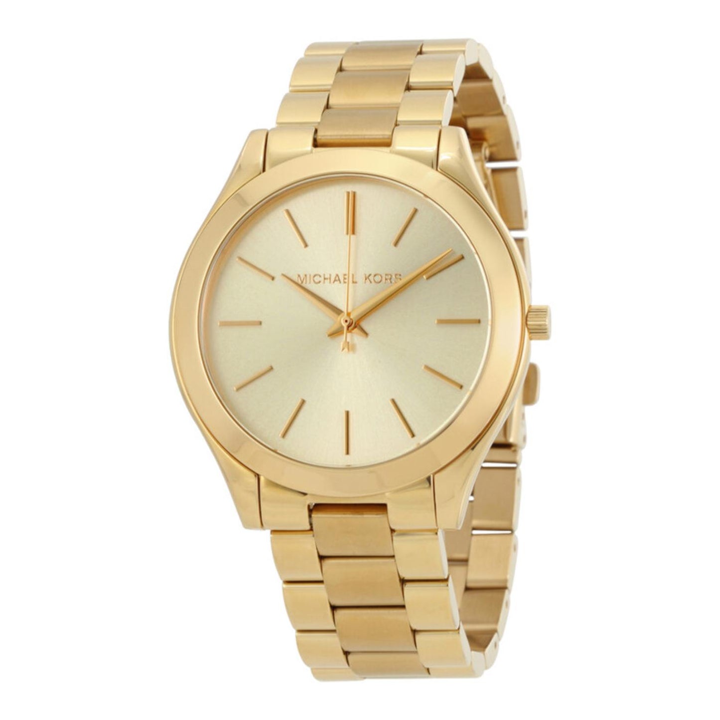 Michael Kors MK3179 Slim Runway women’s watch with gold-tone sunray dial, minimalist hour markers and gold-tone stainless steel bracelet.