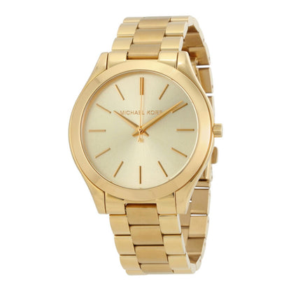 Michael Kors MK3179 Slim Runway women’s watch with gold-tone sunray dial, minimalist hour markers and gold-tone stainless steel bracelet.