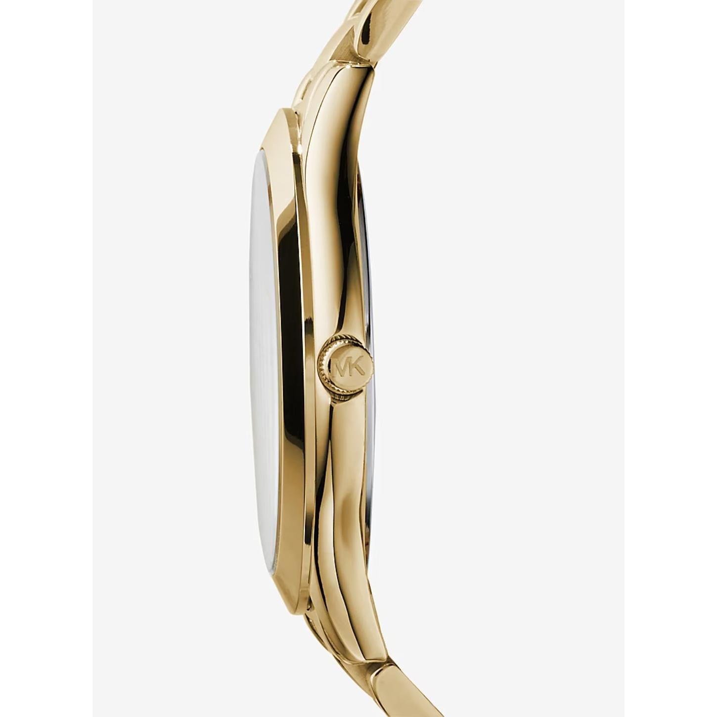 Michael Kors MK3179 Slim Runway with slim gold-tone stainless steel case, engraved crown and polished side profile design.