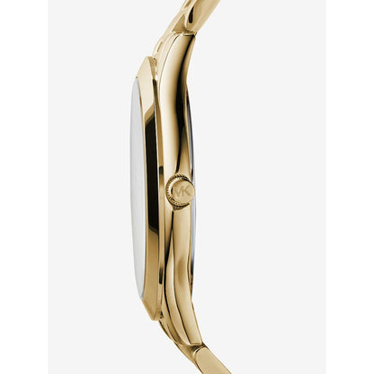 Michael Kors MK3179 Slim Runway with slim gold-tone stainless steel case, engraved crown and polished side profile design.