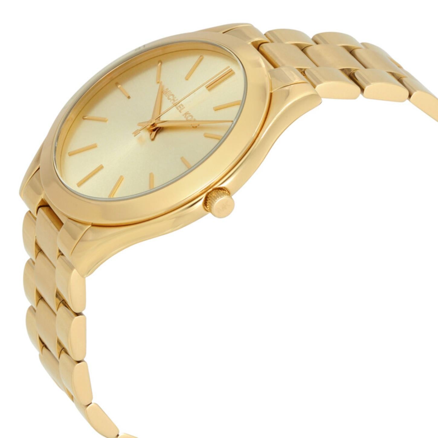 Michael Kors MK3179 Slim Runway with slim gold-tone stainless steel case, minimalist dial and polished link bracelet shown in side profile.
