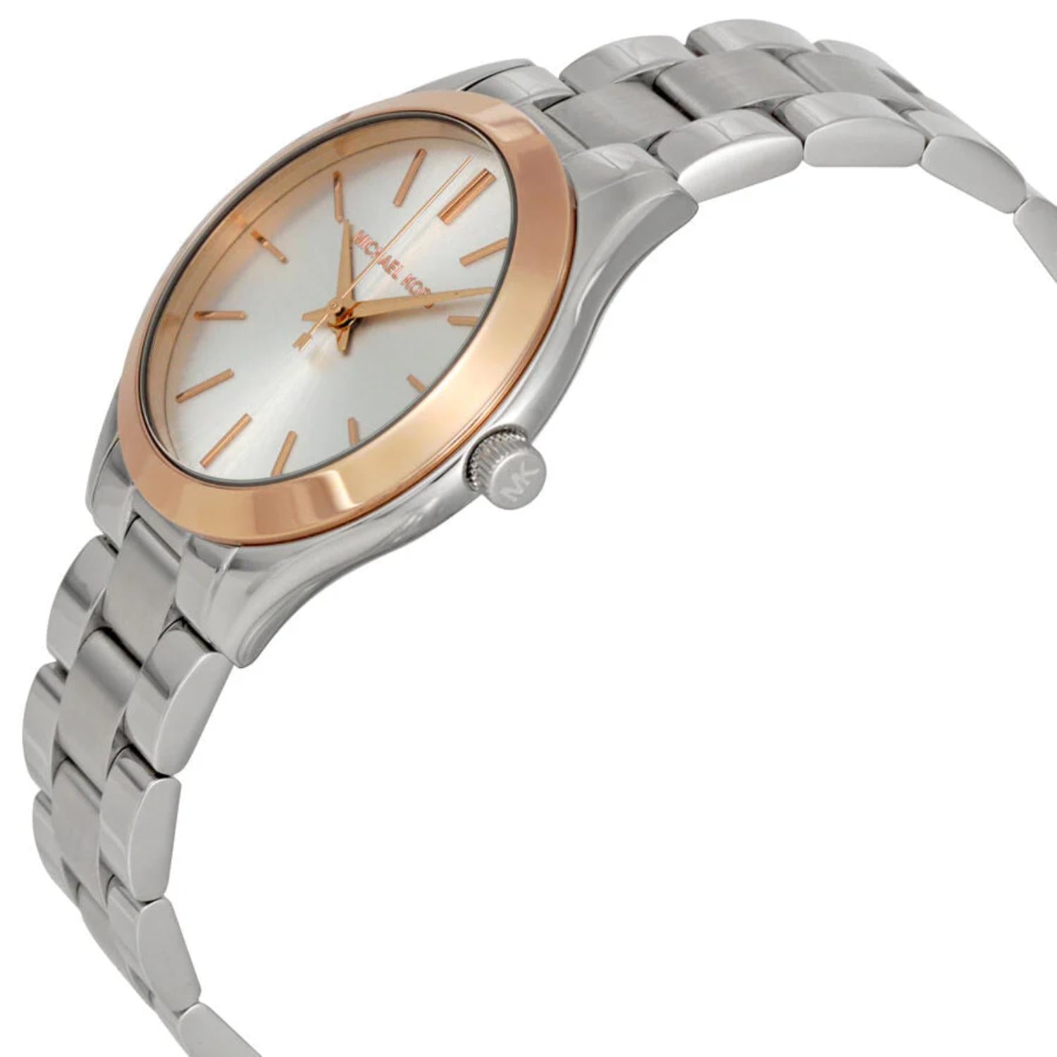 Michael Kors MK3514 Mini Slim Runway with white sunray dial, rose gold-tone bezel accents and silver-tone stainless steel bracelet shown in angled profile view.