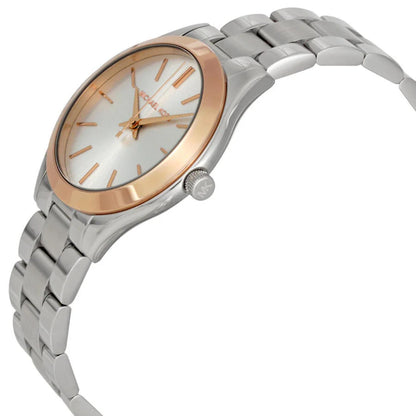 Michael Kors MK3514 Mini Slim Runway with white sunray dial, rose gold-tone bezel accents and silver-tone stainless steel bracelet shown in angled profile view.