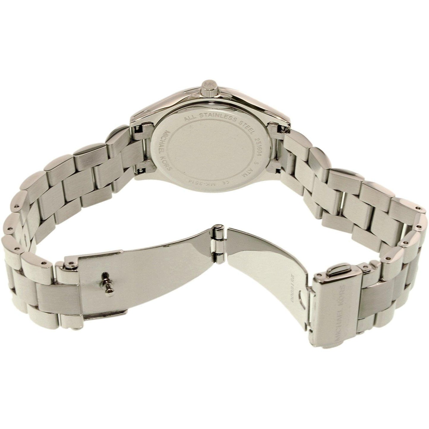 Michael Kors MK3514 Mini Slim Runway with stainless steel caseback, silver-tone link bracelet and deployant clasp shown in open position.