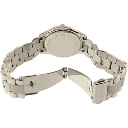 Michael Kors MK3514 Mini Slim Runway with stainless steel caseback, silver-tone link bracelet and deployant clasp shown in open position.