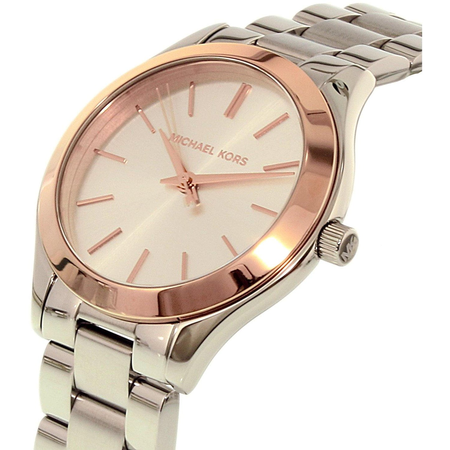 Michael Kors MK3514 Mini Slim Runway with white sunray dial, rose gold-tone bezel accents and silver-tone stainless steel bracelet shown in angled detail view.