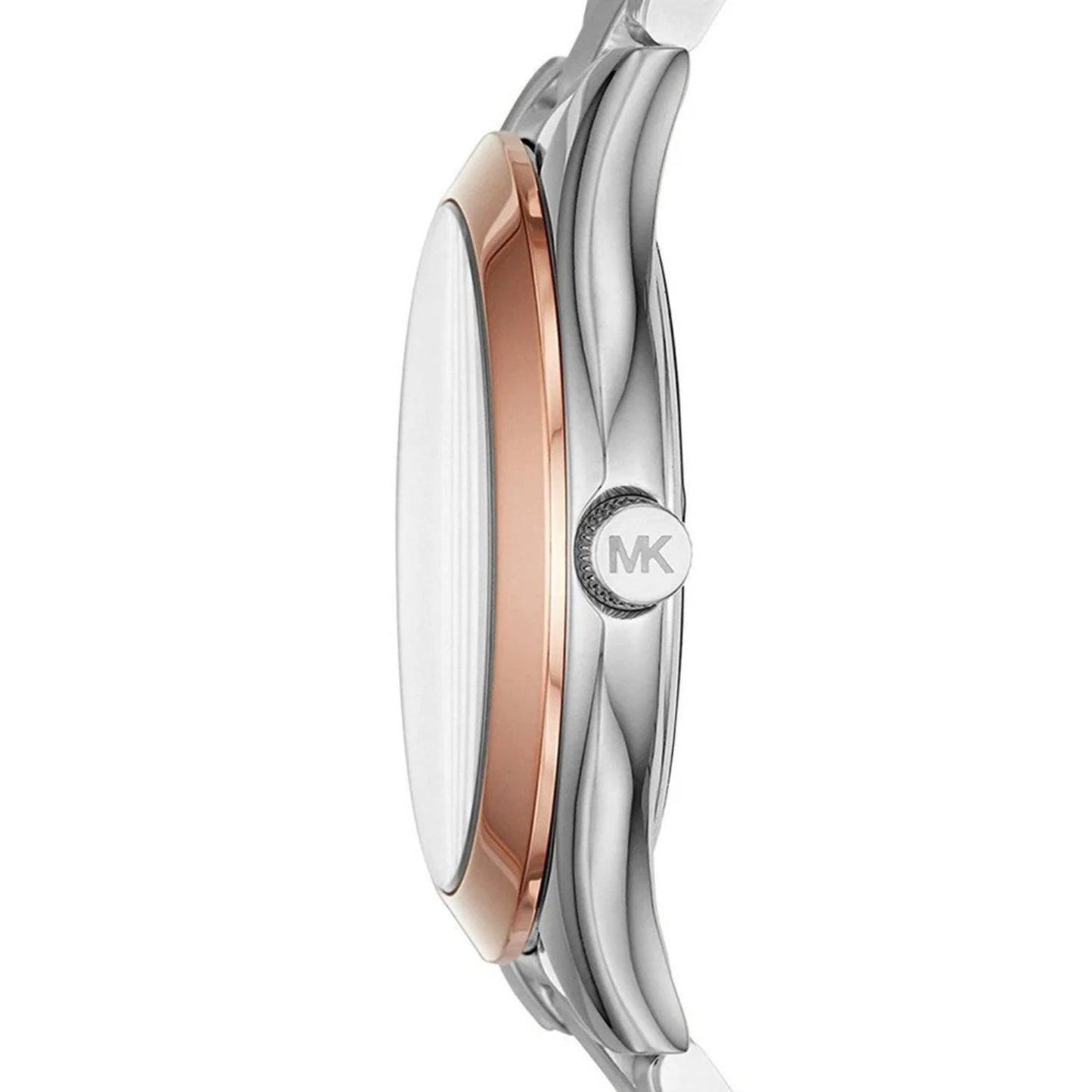 Michael Kors MK3514 Mini Slim Runway with slim silver-tone case, rose gold-tone bezel accents and engraved crown shown in side profile.