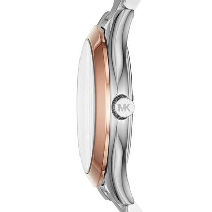 Michael Kors MK3514 Mini Slim Runway with slim silver-tone case, rose gold-tone bezel accents and engraved crown shown in side profile.