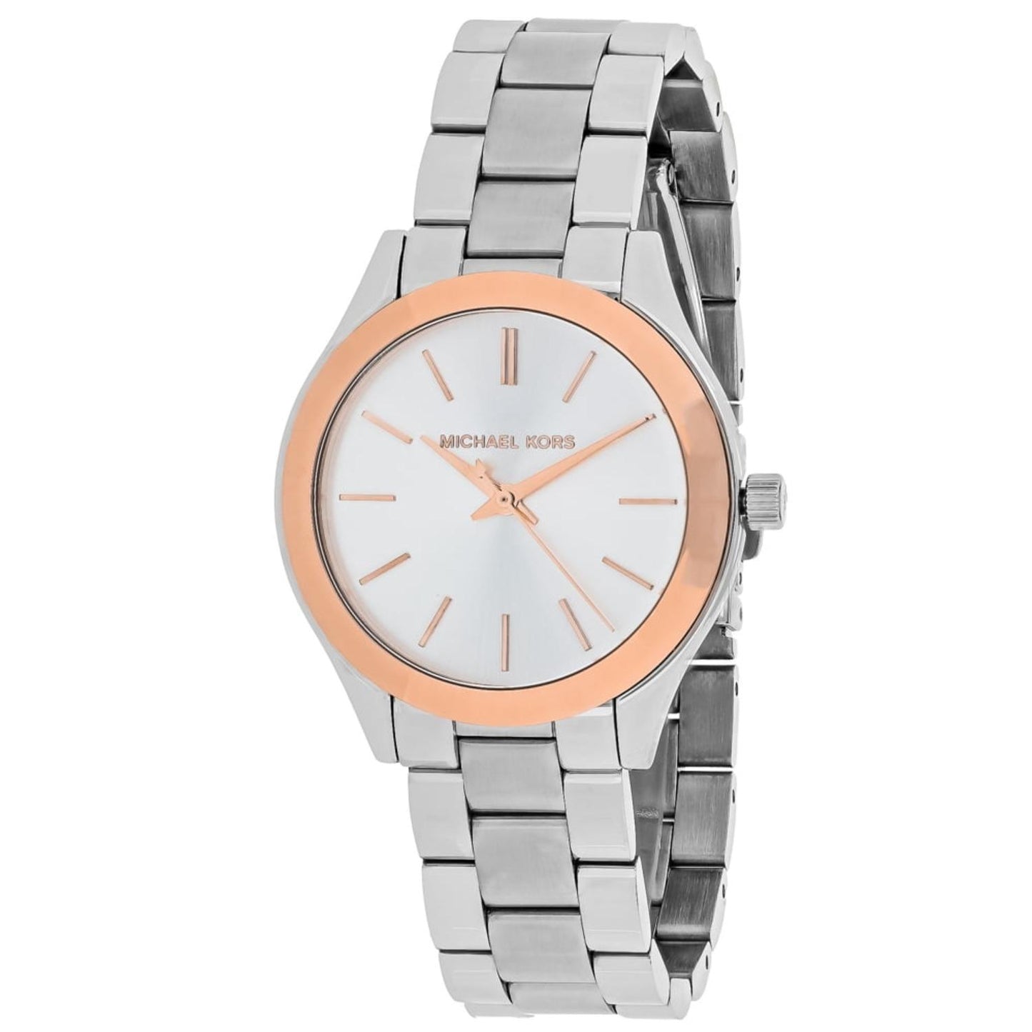 Michael Kors MK3514 Mini Slim Runway women’s watch with white dial, rose gold-tone bezel accents and silver-tone stainless steel bracelet.