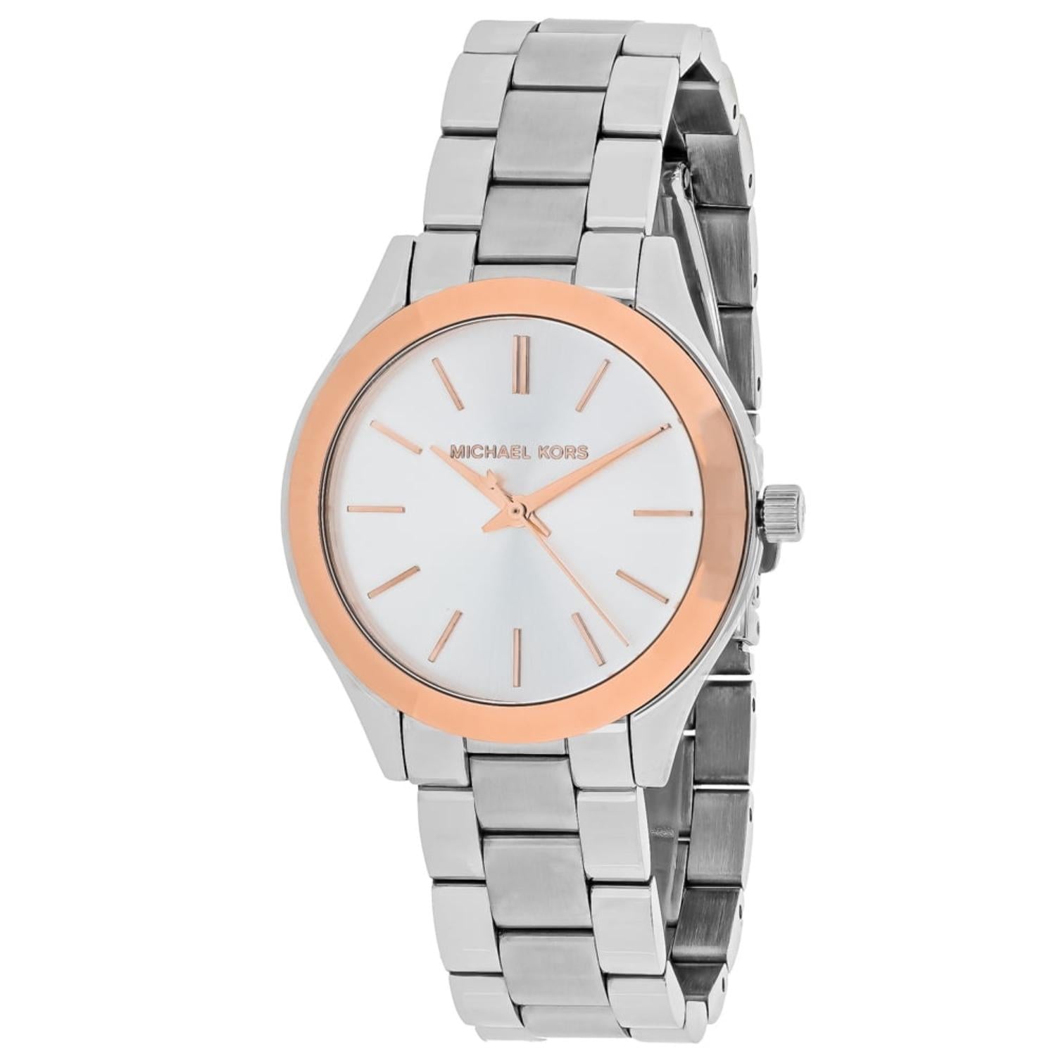 Michael Kors MK3514 Mini Slim Runway women’s watch with white dial, rose gold-tone bezel accents and silver-tone stainless steel bracelet.