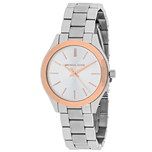 Michael Kors MK3514 Mini Slim Runway women’s watch with white dial, rose gold-tone bezel accents and silver-tone stainless steel bracelet.