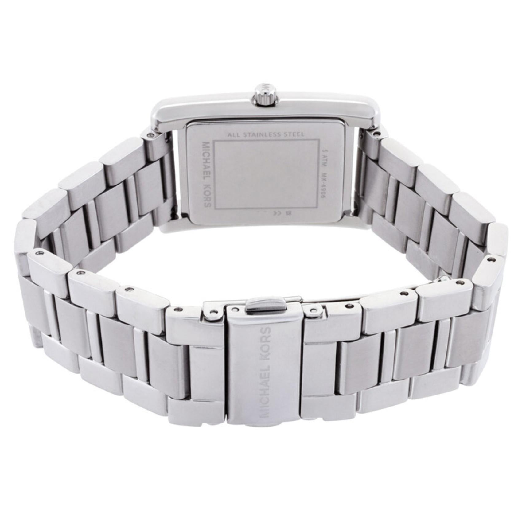 Michael Kors MK4906 Essex with rectangular stainless steel caseback, silver-tone link bracelet and fold-over clasp with engraved logo.