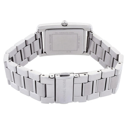 Michael Kors MK4906 Essex with rectangular stainless steel caseback, silver-tone link bracelet and fold-over clasp with engraved logo.