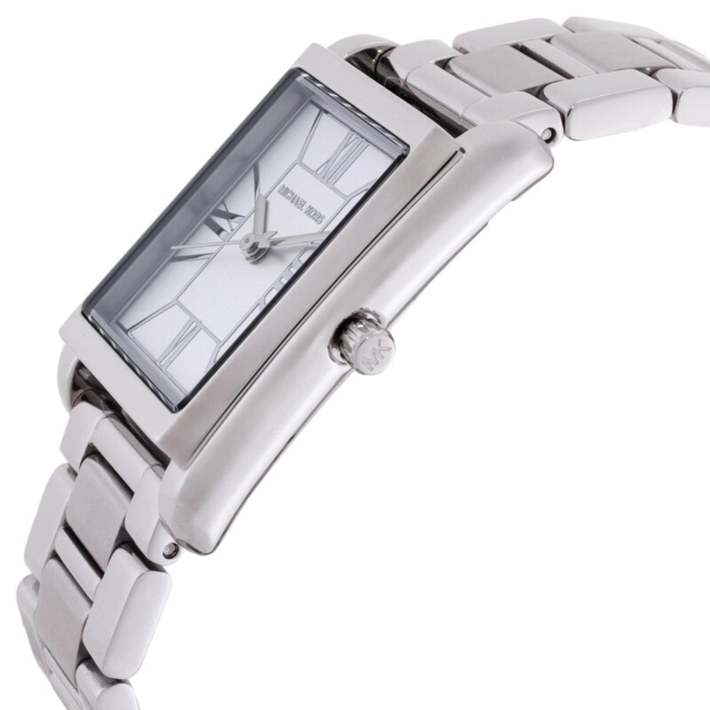 Michael Kors MK4906 Essex with rectangular silver-tone stainless steel case, engraved crown and Roman numeral dial shown in side profile.