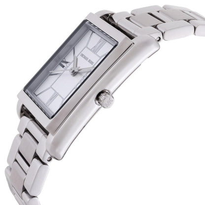Michael Kors MK4906 Essex with rectangular silver-tone stainless steel case, engraved crown and Roman numeral dial shown in side profile.