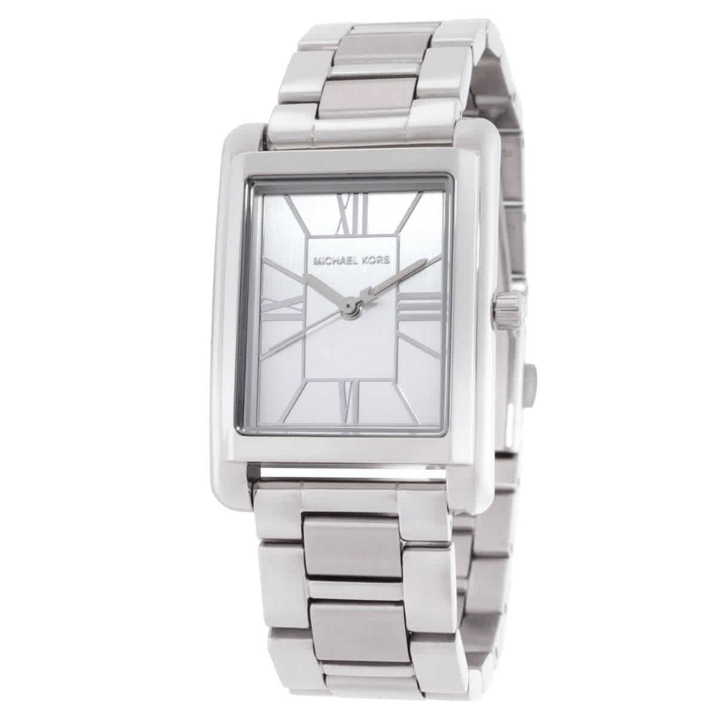 Michael Kors MK4906 Essex women’s watch with rectangular silver-tone dial, Roman numeral markers and silver-tone stainless steel bracelet.