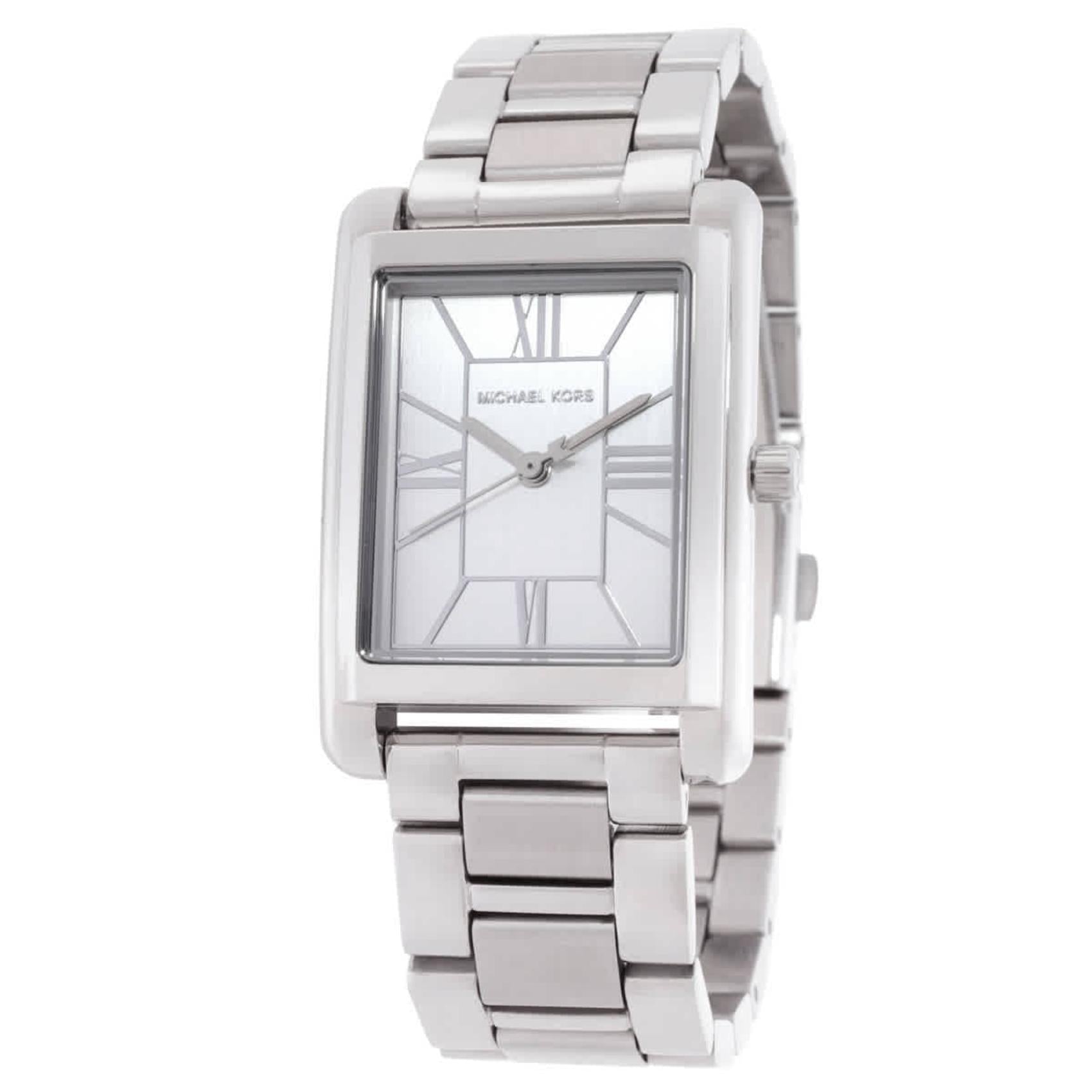 Michael Kors MK4906 Essex women’s watch with rectangular silver-tone dial, Roman numeral markers and silver-tone stainless steel bracelet.