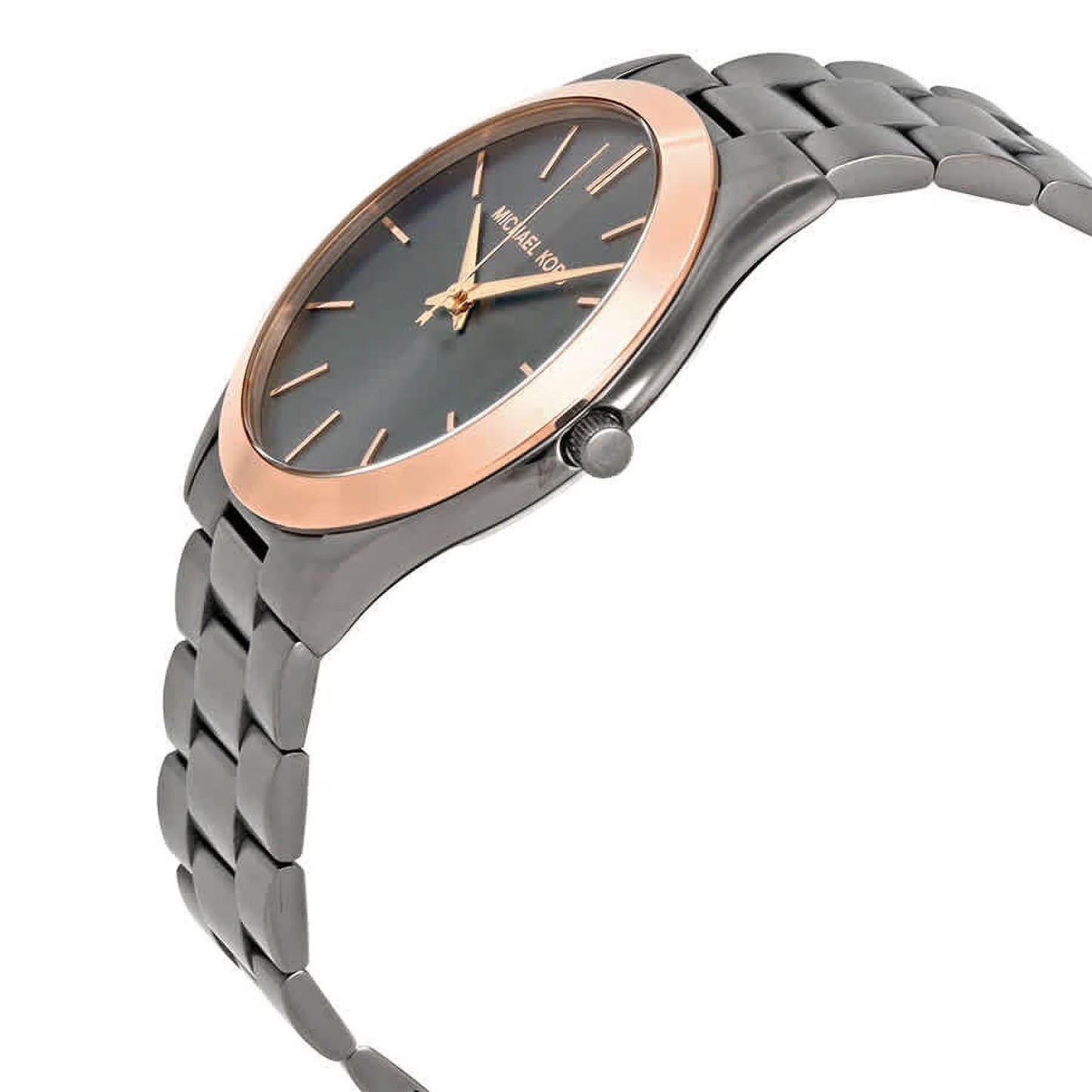 Michael Kors MK8576 with gunmetal sunray dial, rose gold-tone bezel accents and gunmetal stainless steel bracelet shown in angled profile view.