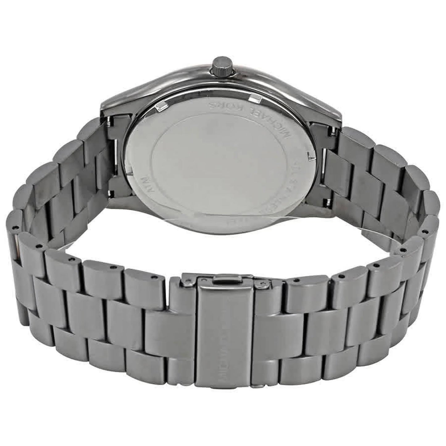 Michael Kors MK8576 with stainless steel caseback, gunmetal link bracelet and fold-over clasp with engraved logo.