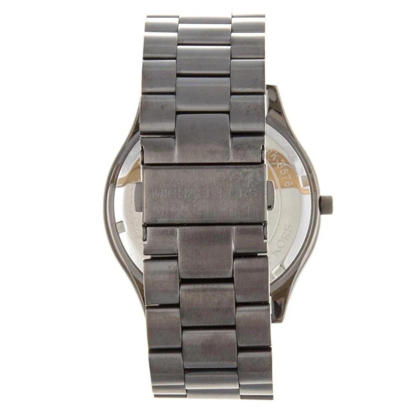 Michael Kors MK8576 with gunmetal stainless steel bracelet, engraved clasp and rear case view with polished finish.