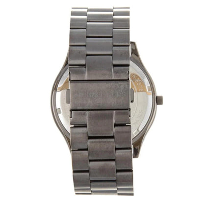 Michael Kors MK8576 with gunmetal stainless steel bracelet, engraved clasp and rear case view with polished finish.