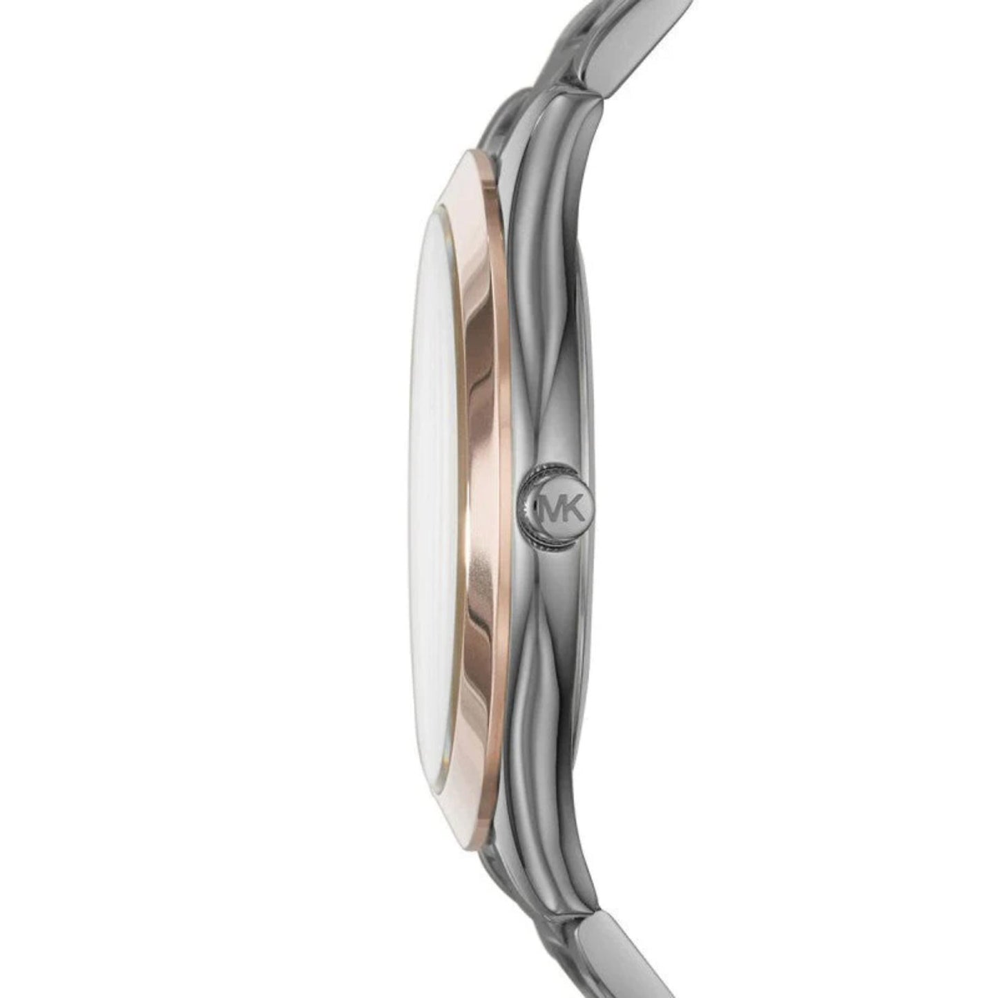 Michael Kors MK8576 with slim gunmetal stainless steel case, rose gold-tone bezel accents and engraved crown shown in side profile.