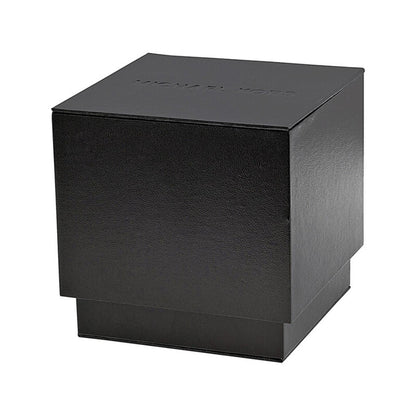 Original Michael Kors watch box in black textured finish with embossed logo and square presentation case design.