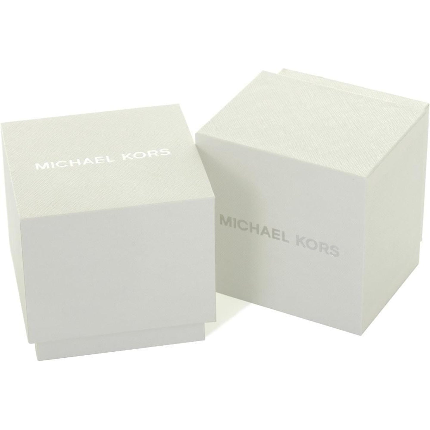Original Michael Kors watch box in white textured finish with silver logo branding and square presentation case design.