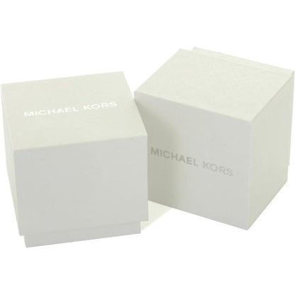 Original Michael Kors watch box in white textured finish with silver logo branding and square presentation case design.