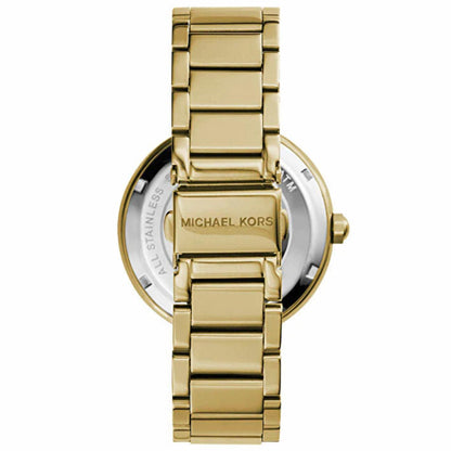 Michael Kors Parker MK5784 rear view showing the gold-tone stainless steel bracelet, engraved clasp, and stainless steel caseback.