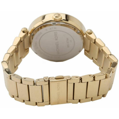 Michael Kors Parker MK5784 rear view showing the gold-tone stainless steel bracelet, folding clasp, and stainless steel caseback.