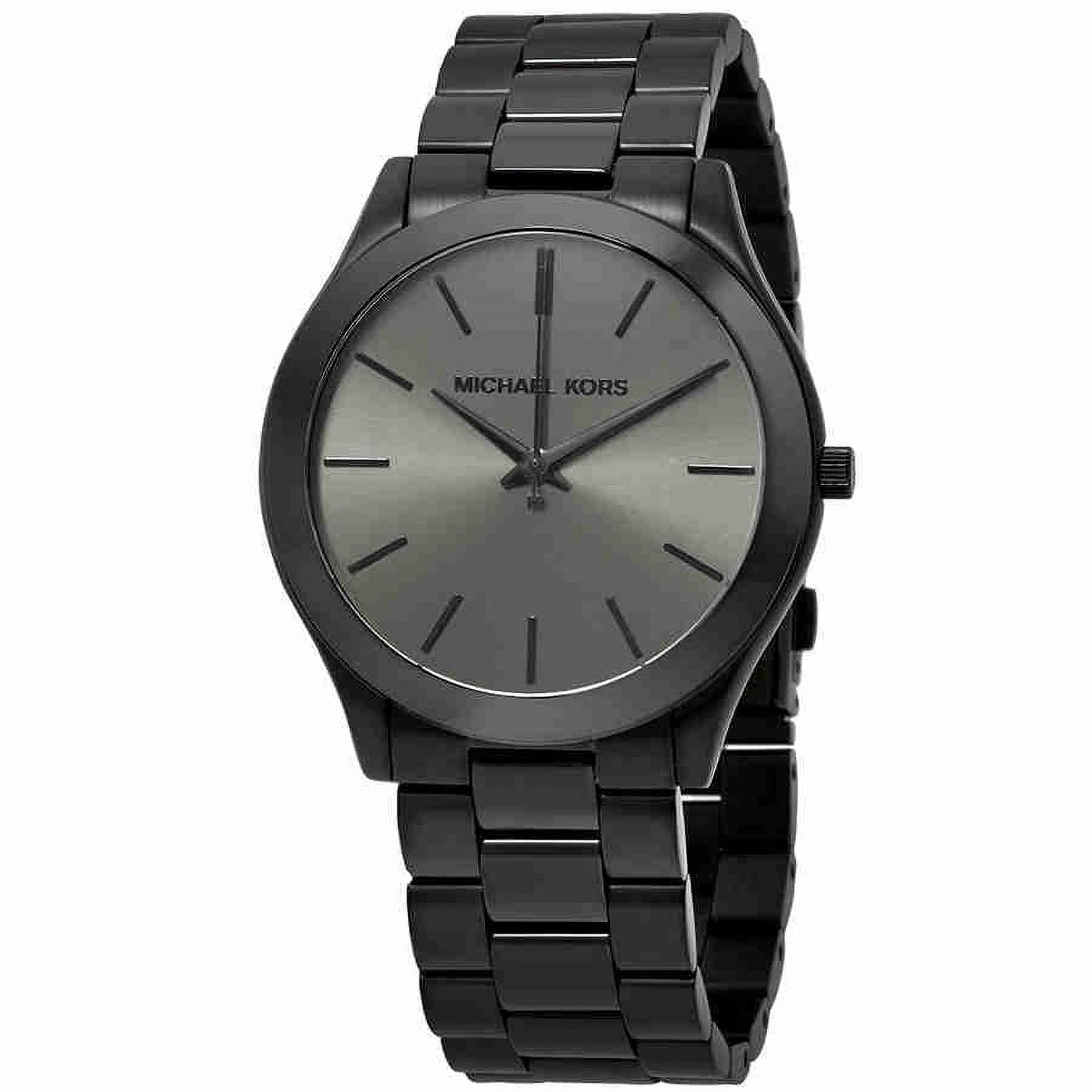 Michael Kors Slim Runway MK8507 women’s watch with black sunray dial, minimalist hour markers and black stainless steel bracelet.